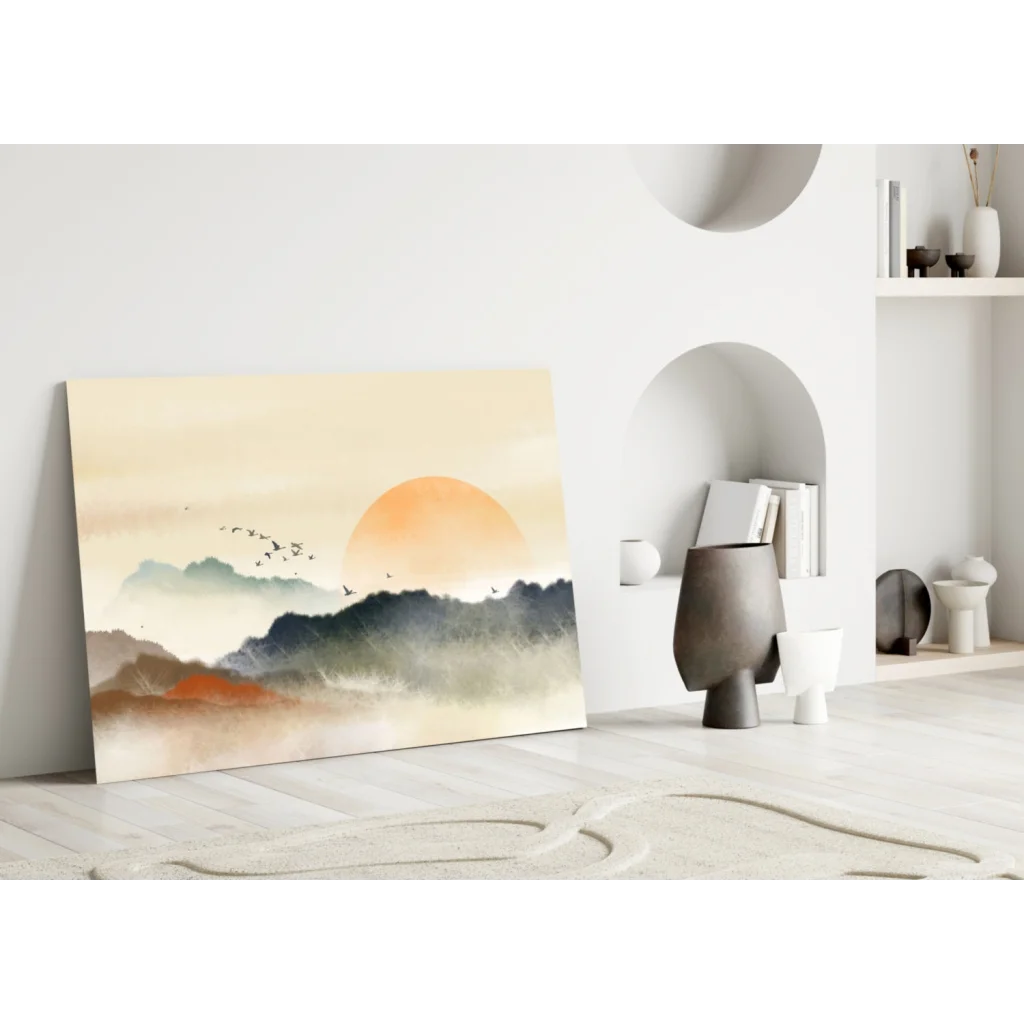 Sunset mountains watercolor glass wall art with orange sun over misty peaks