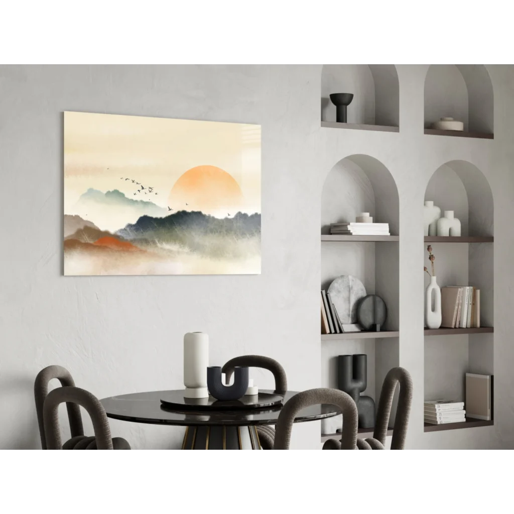 Sunset mountains watercolor glass wall art with orange sun and birds