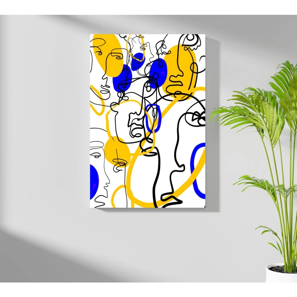 Bold Geometric Faces Insigne Aluminum Print with abstract black line faces, yellow and blue circles