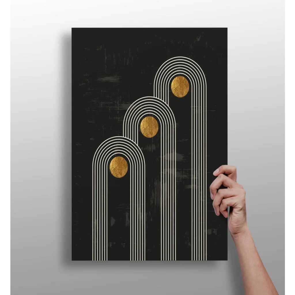 Stunning insigne aluminum print with black canvas art, arched white lines, gold accents