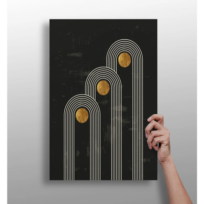 Stunning insigne aluminum print with black canvas art, arched white lines, gold accents
