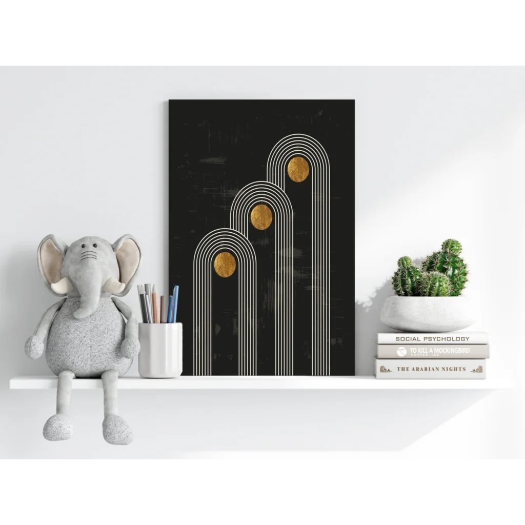 Black insigne aluminum print with arched gold circles and white lines