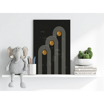 Black insigne aluminum print with arched gold circles and white lines