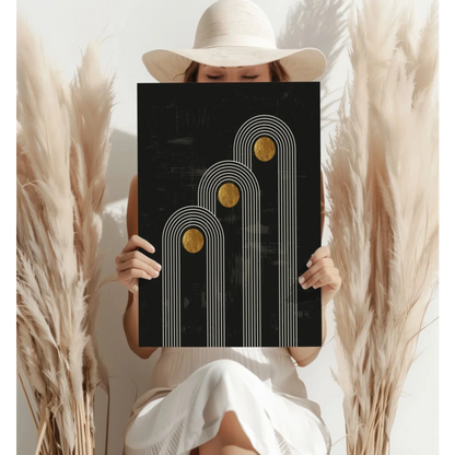 Stunning black abstract insigne aluminum print with gold accents