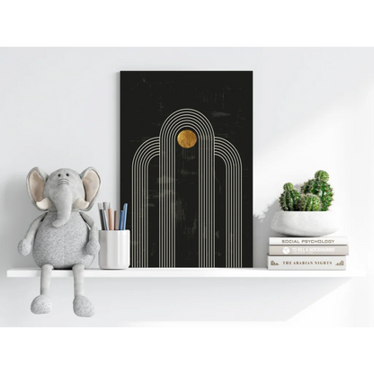 Black canvas art with white geometric arches and gold circle on insigne aluminum prints