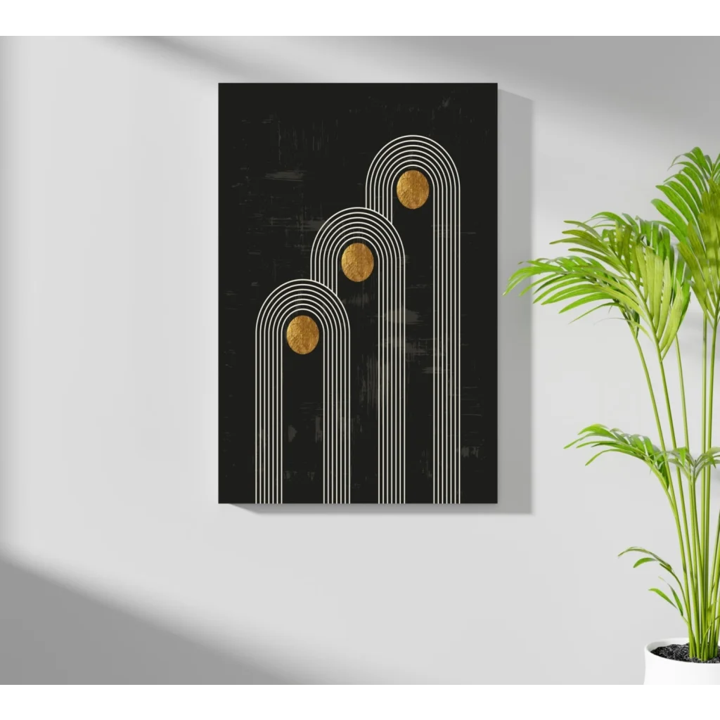 Stunning black insigne aluminum print with arched white lines and gold accents