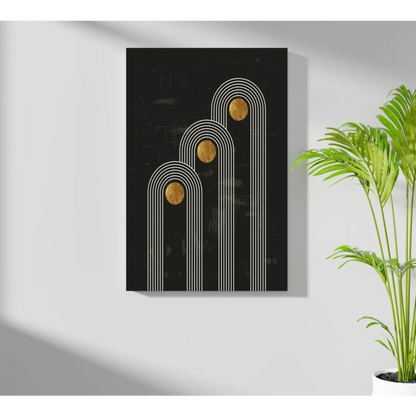 Stunning black insigne aluminum print with arched white lines and gold accents