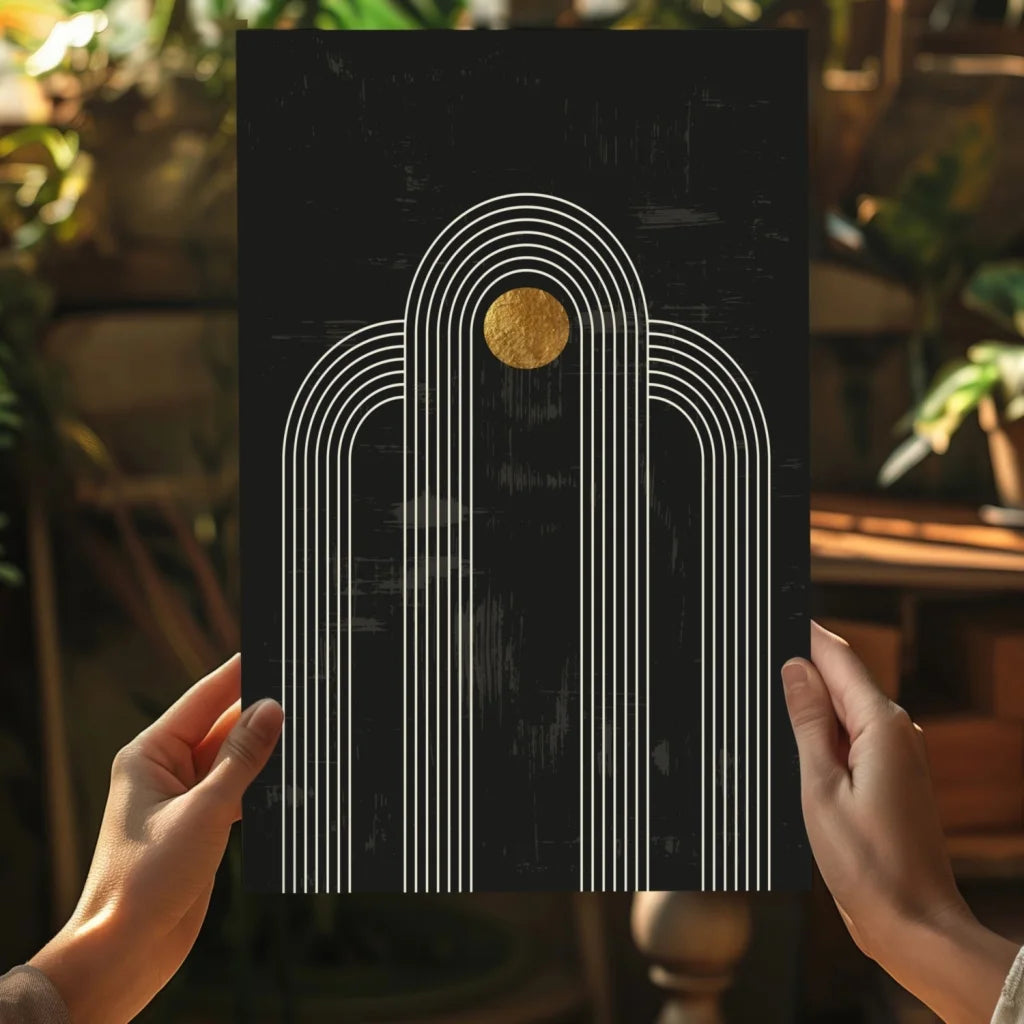 Black geometric arches on canvas in stunning gold accent insigne aluminum prints