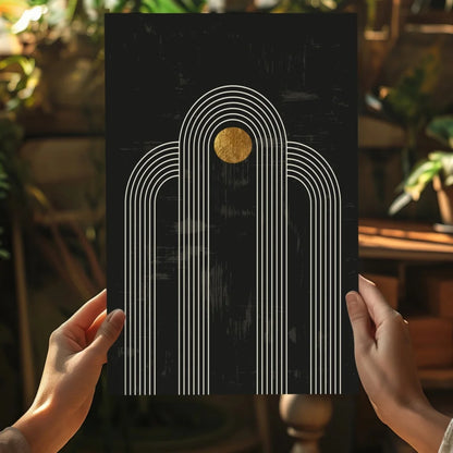 Black geometric arches on canvas in stunning gold accent insigne aluminum prints