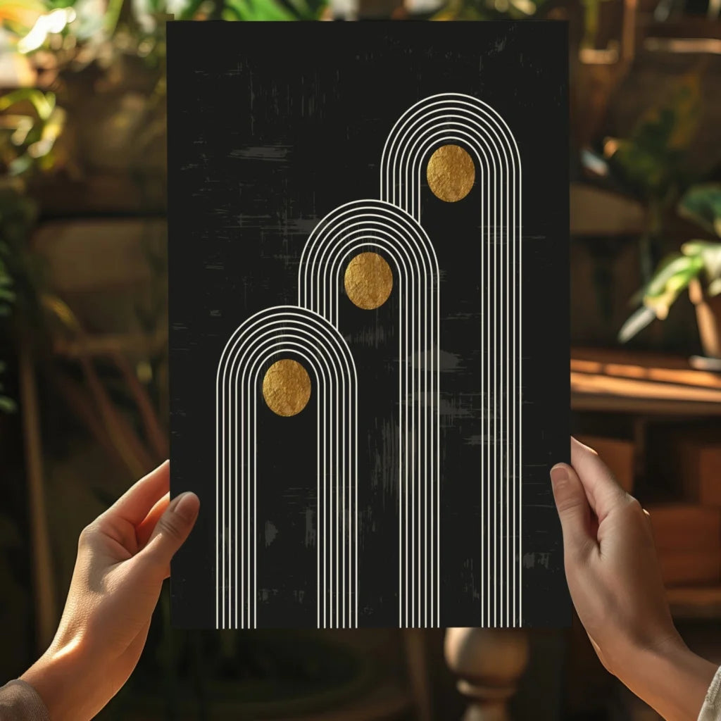 Black insigne aluminum print with arched white lines and gold accents