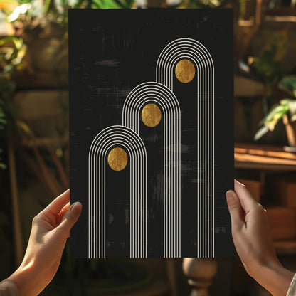 Black insigne aluminum print with arched white lines and gold accents