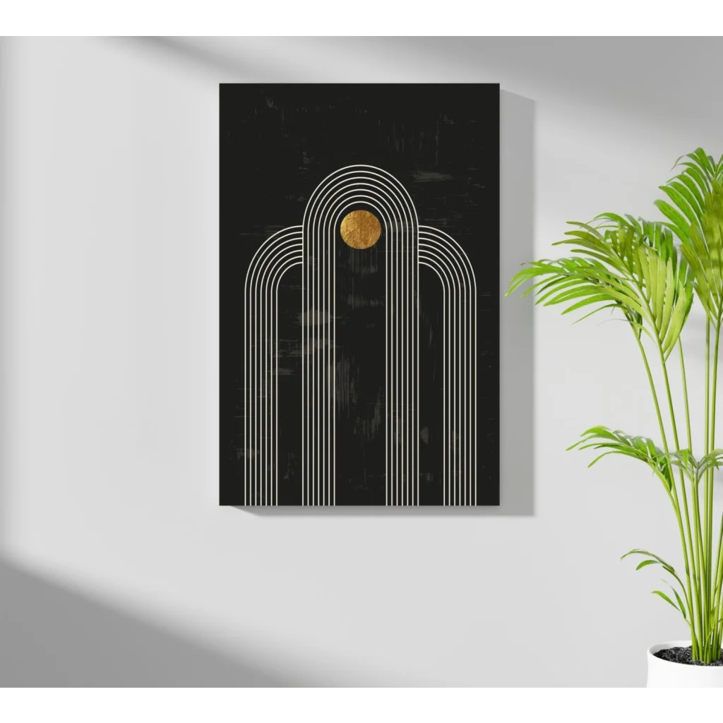 Black canvas art with white geometric arches and gold accent on insigne aluminum prints