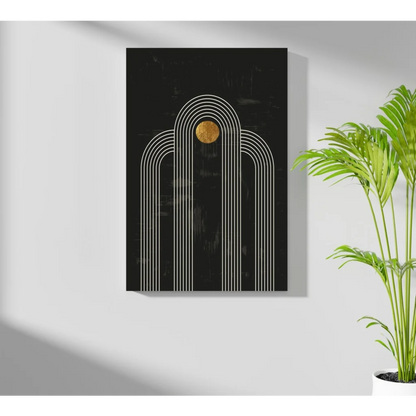 Black canvas art with white geometric arches and gold accent on insigne aluminum prints