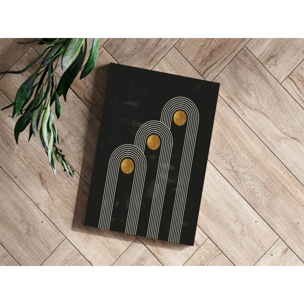 Stunning black abstract insigne aluminum print with white arches and gold accents