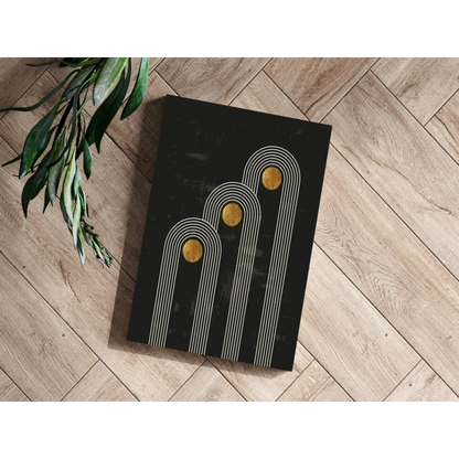 Stunning black abstract insigne aluminum print with white arches and gold accents