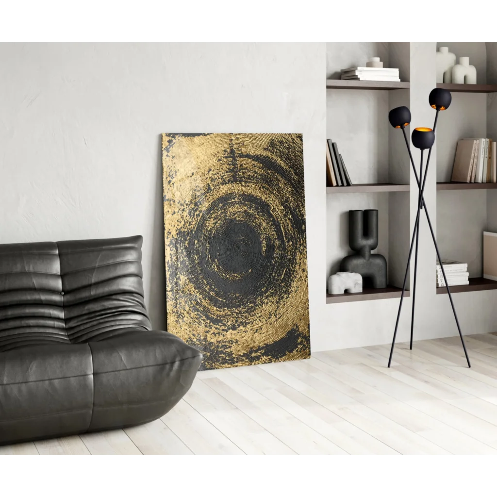 Stunning black and gold swirl glass wall art with concentric circles