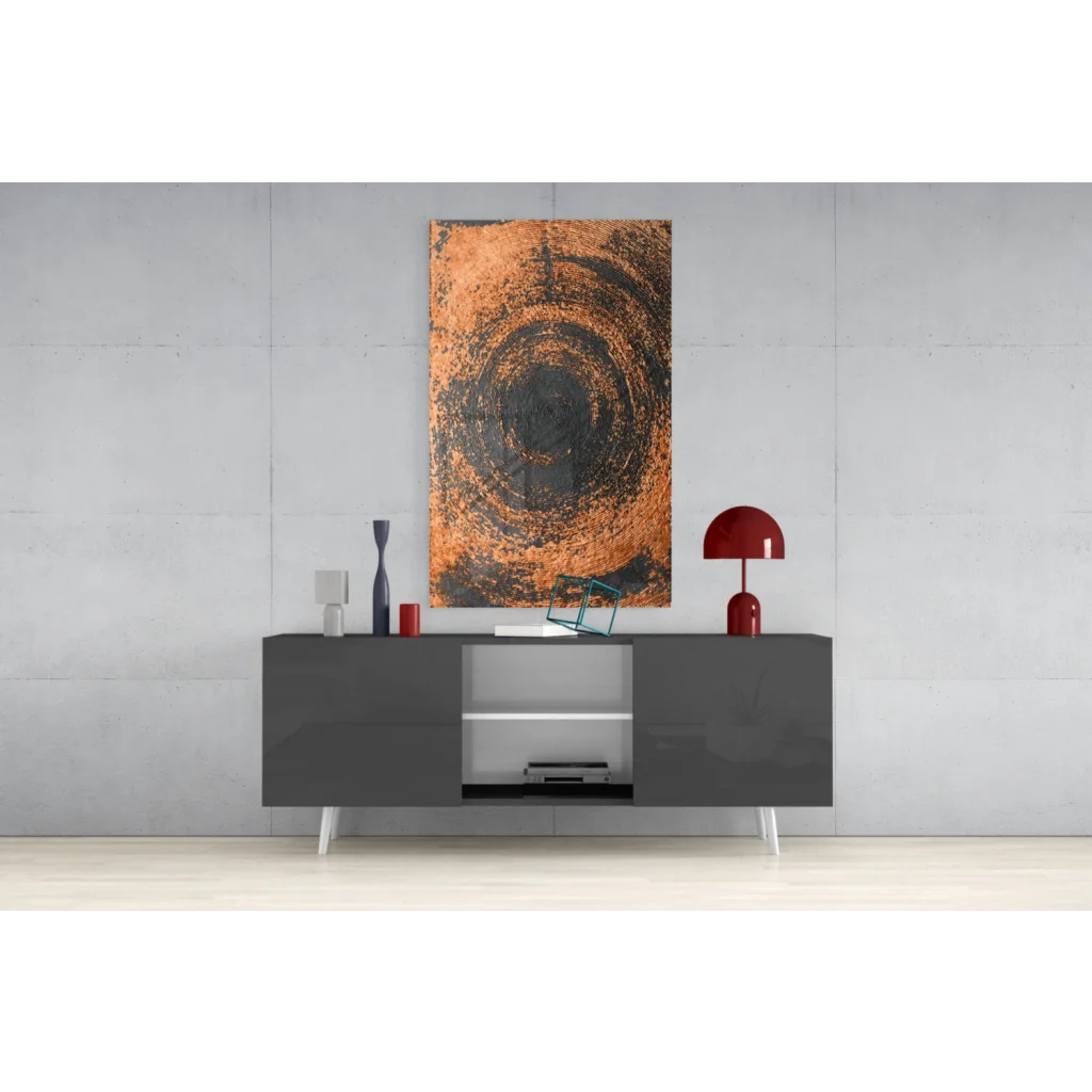 Stunning copper circle glass wall art with orange black abstract design