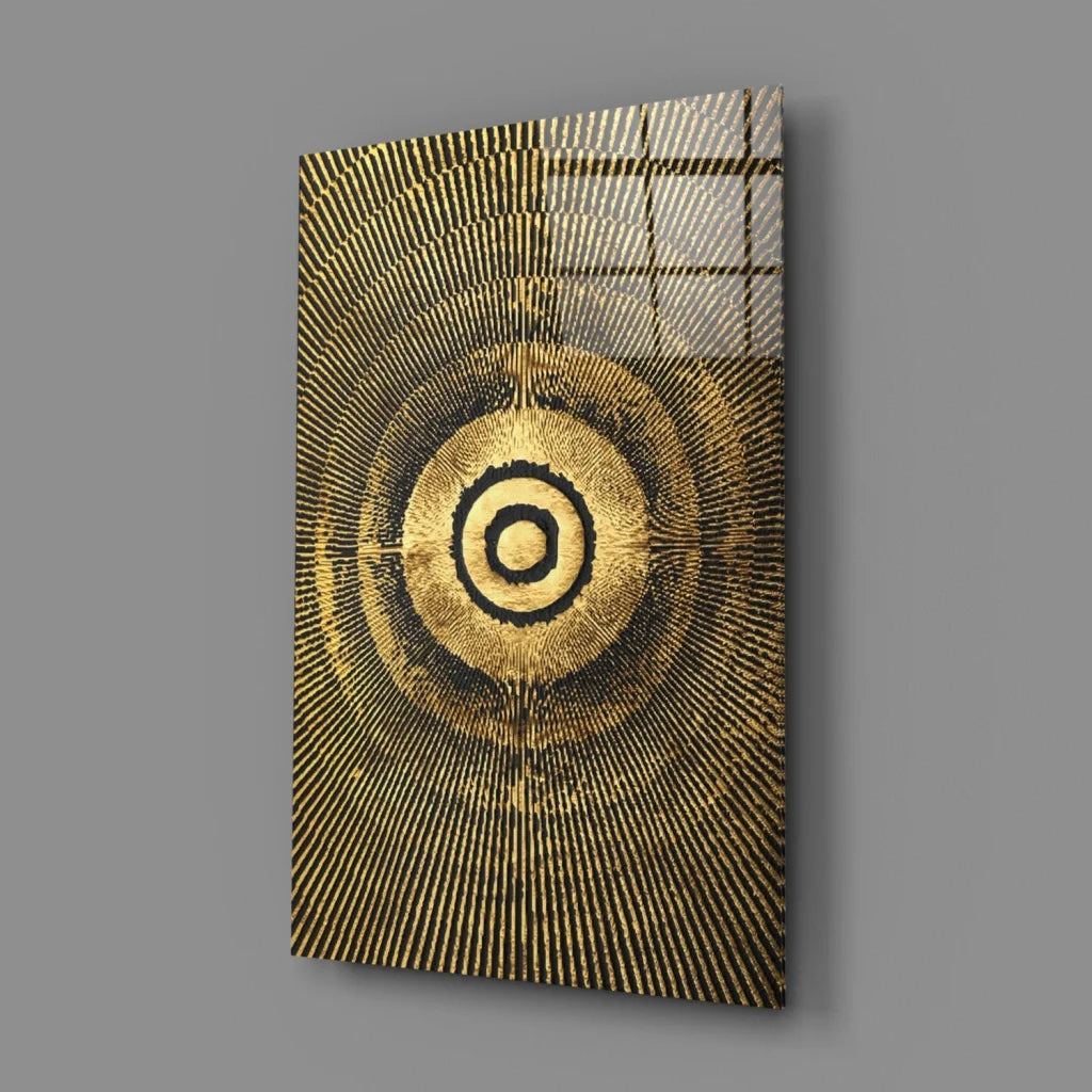 Stunning golden concentric circle glass wall art with textured metallic finish