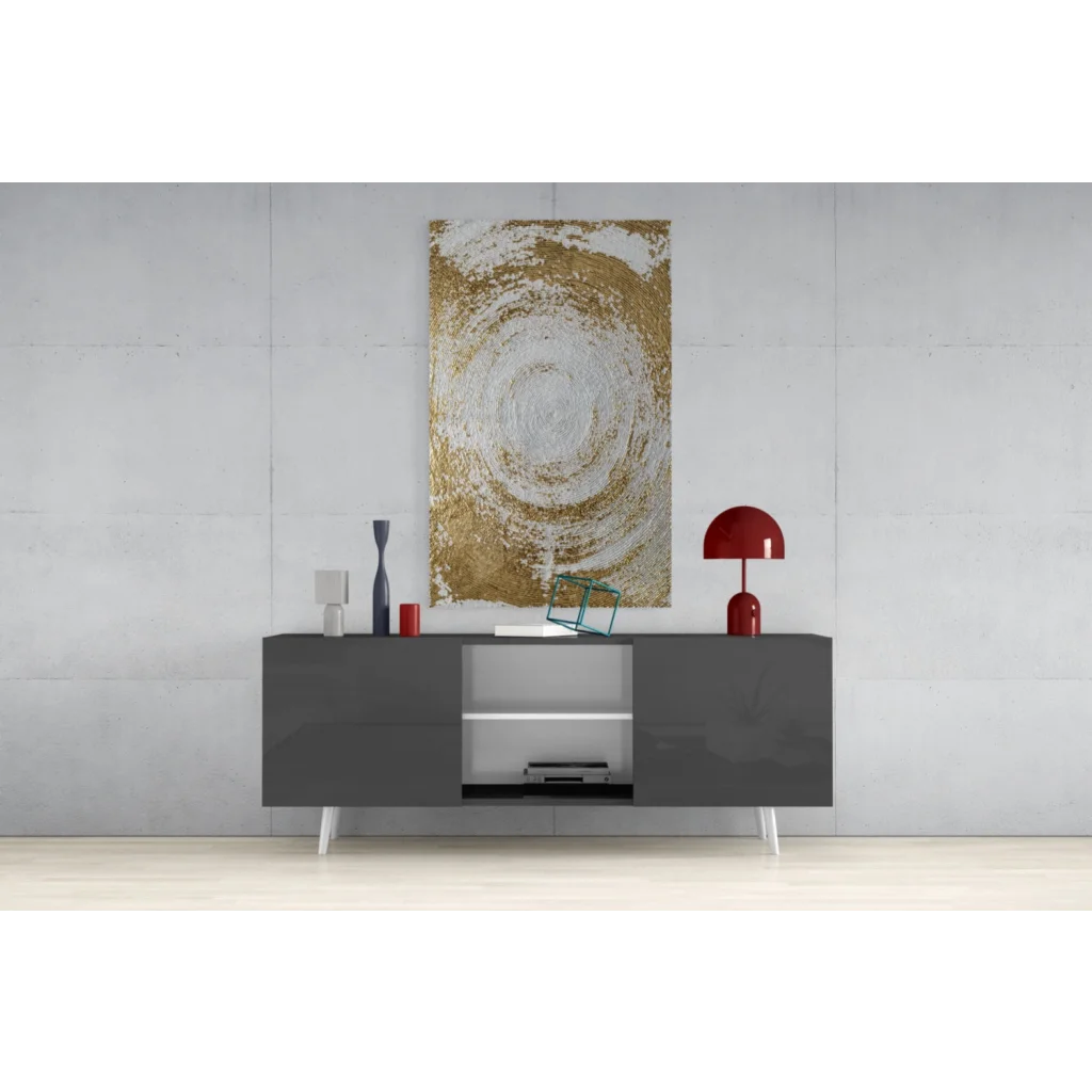 Modern gray sideboard with sleek design and white legs, ideal for glass wall art display