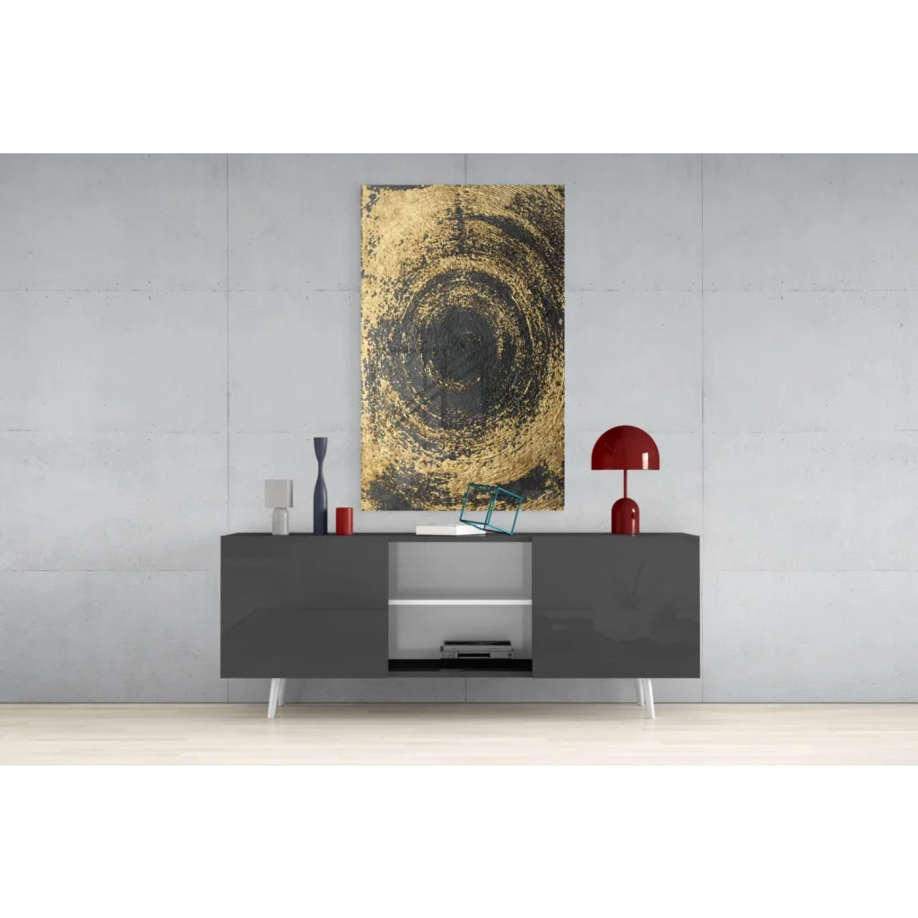 Stunning gold and black swirl glass wall art above gray console