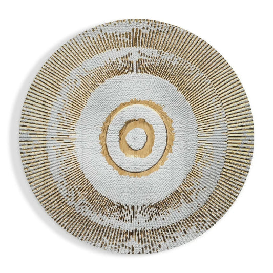 Radiant sunburst tempered glass art with gold and white rings