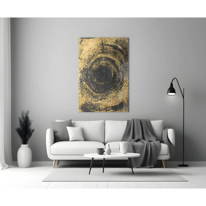 Modern gold and black swirl glass wall art with concentric design