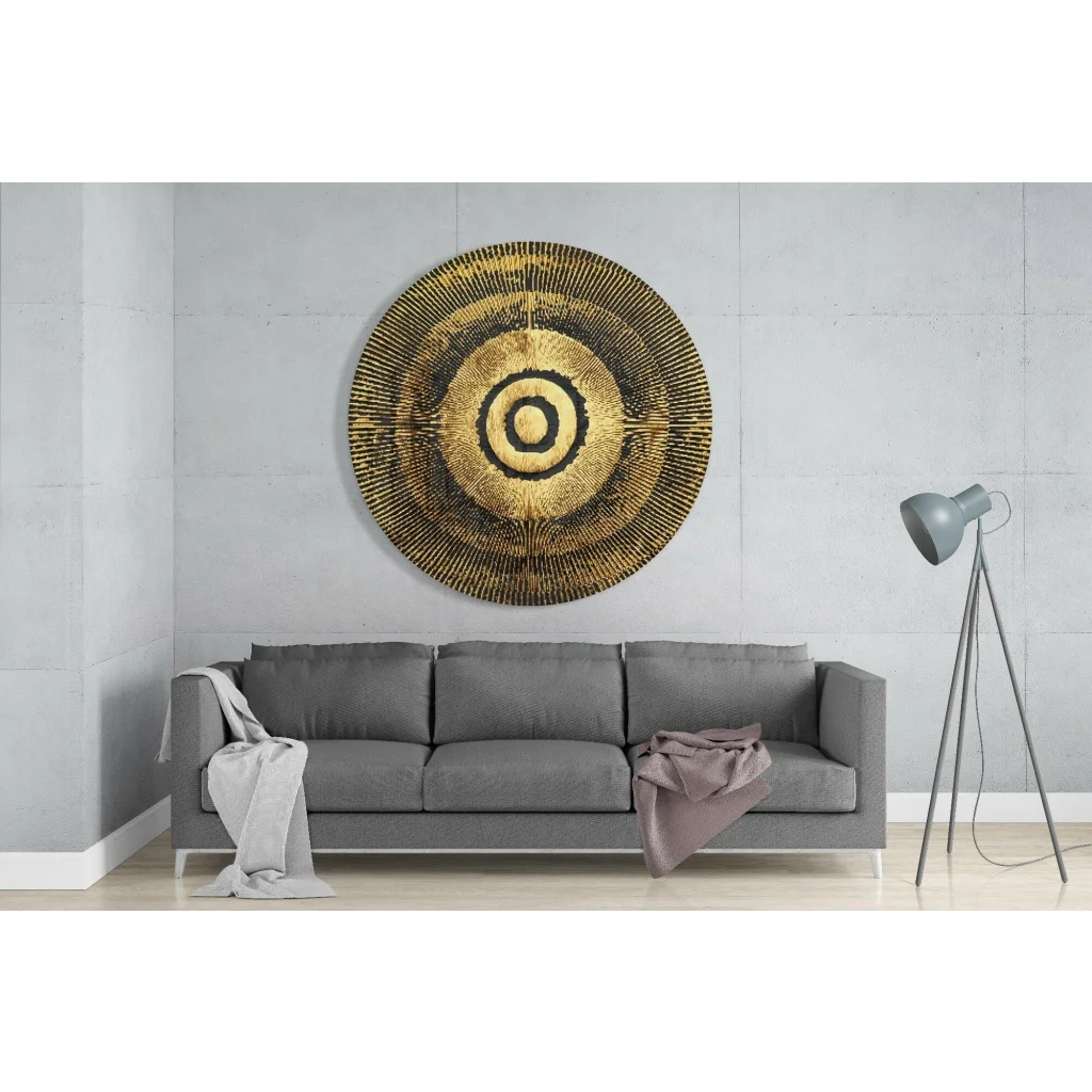 Stunning gold concentric rings tempered glass art with textured radial patterns