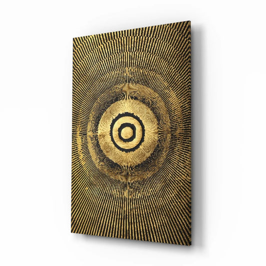 Stunning golden concentric circle glass wall art with radiant gold and black design