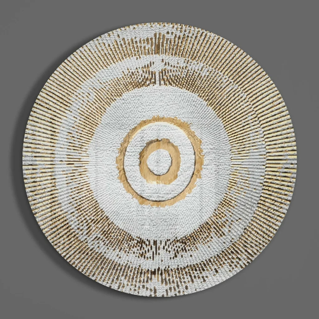 Radiant sunburst tempered glass art with white and gold rings