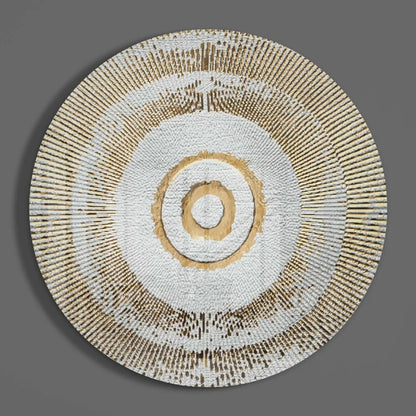 Radiant sunburst tempered glass art with white and gold rings