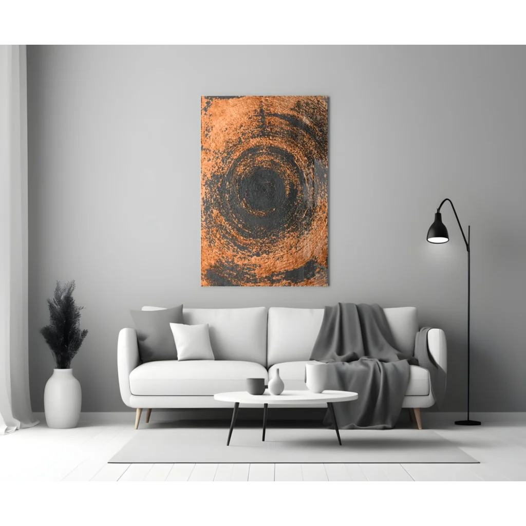 Modern abstract copper circle glass wall art in orange and black