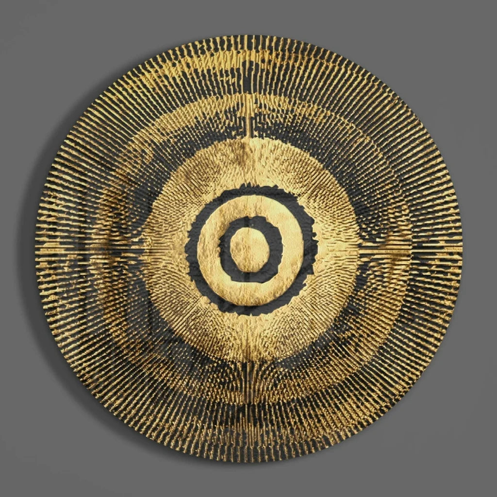 Stunning gold concentric rings tempered glass art with textured black rings