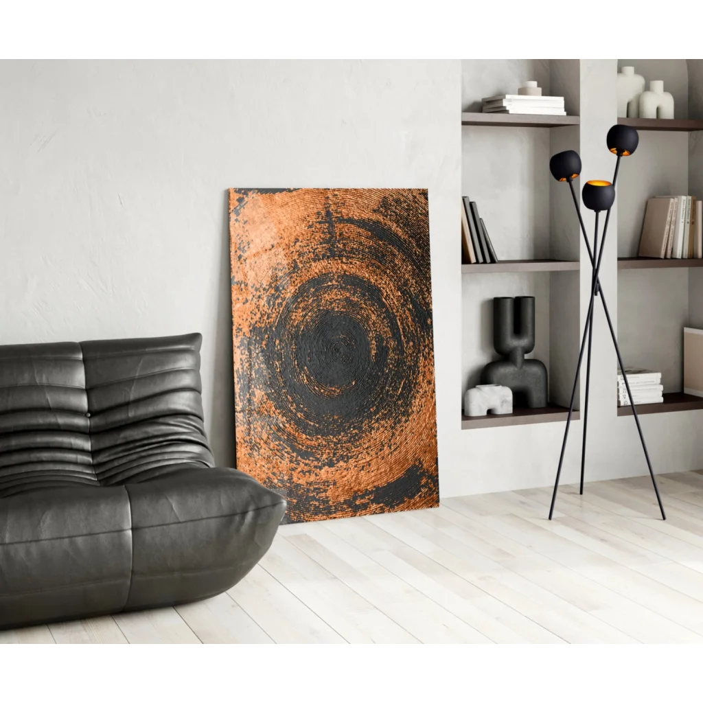 Stunning copper circle glass wall art with orange black abstract swirl