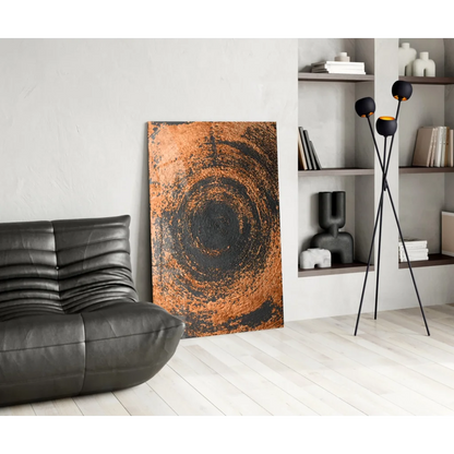 Stunning copper circle glass wall art with orange black abstract swirl