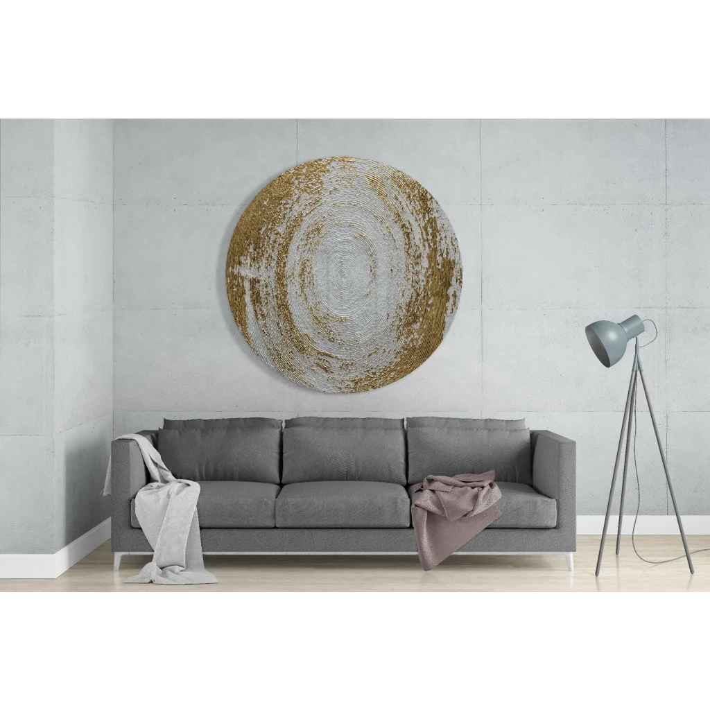 Luxe Gold Silver textured tempered glass art circle with metallic concentric pattern