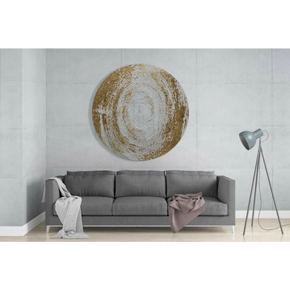Luxe Gold Silver textured tempered glass art circle with metallic concentric pattern
