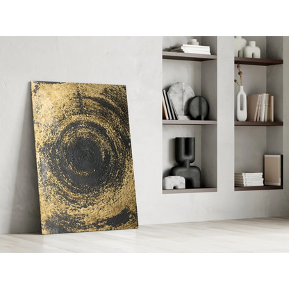 Stunning gold and black swirl glass wall art with concentric circles