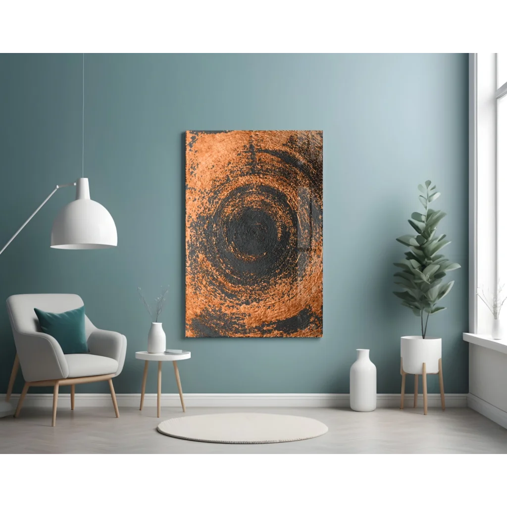 Stunning copper circle glass wall art with swirling orange black abstract design