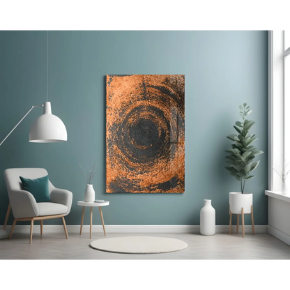 Stunning copper circle glass wall art with swirling orange black abstract design