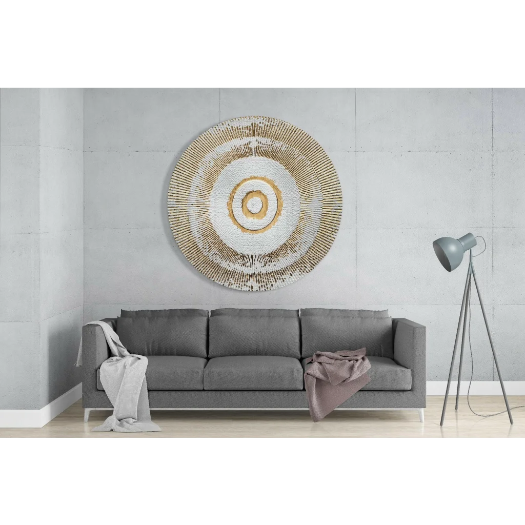 Radiant sunburst tempered glass art with gold and white rings