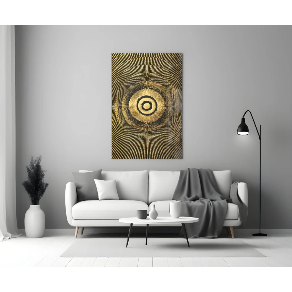 Stunning golden concentric circle glass wall art on gray wall