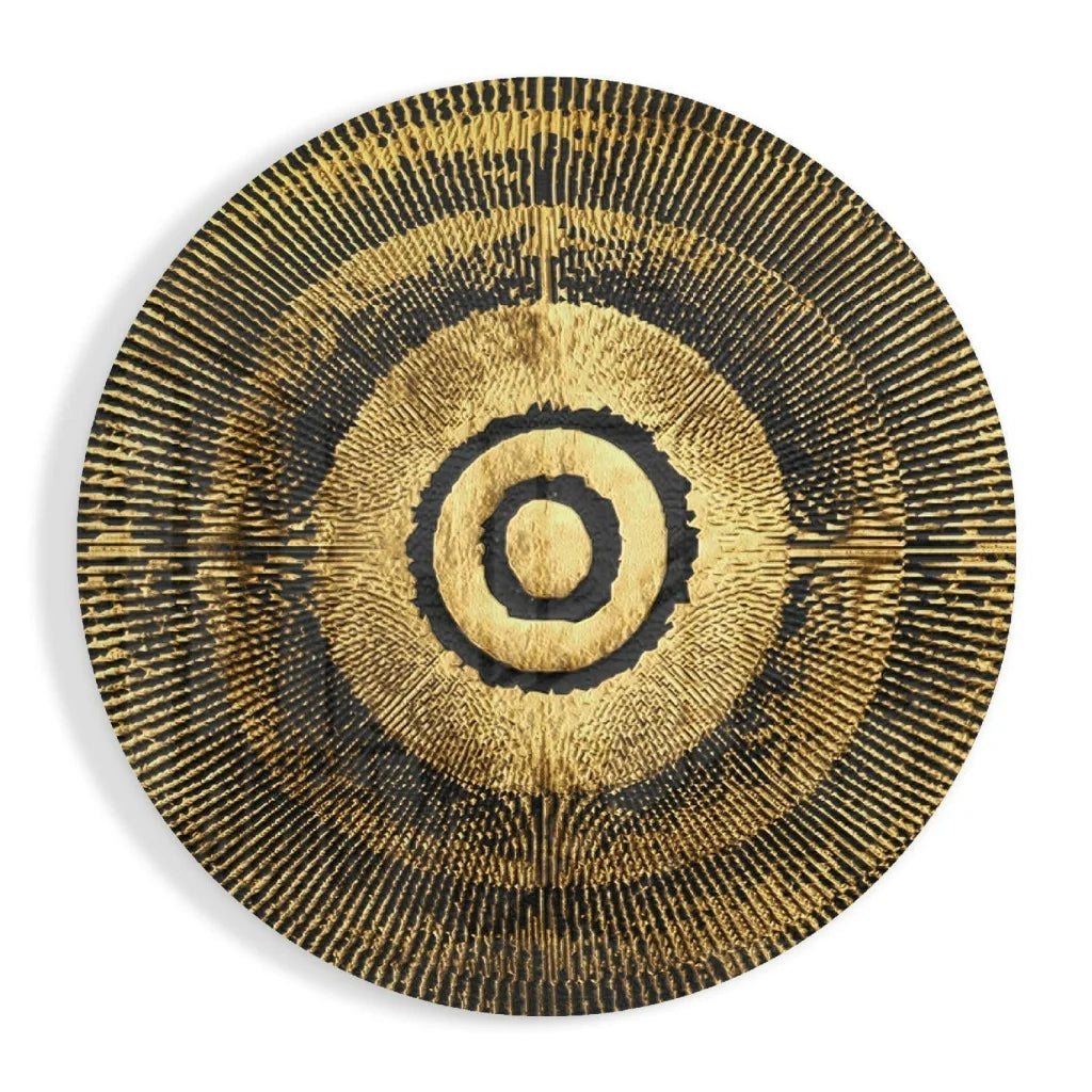 Stunning gold concentric rings tempered glass art with textured black rings