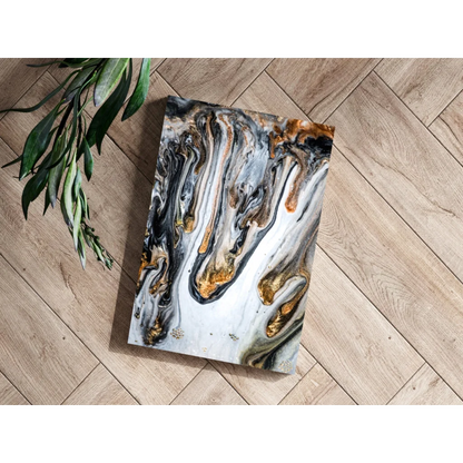 Stunning gold swirl insigne aluminum print with black, white resin patterns