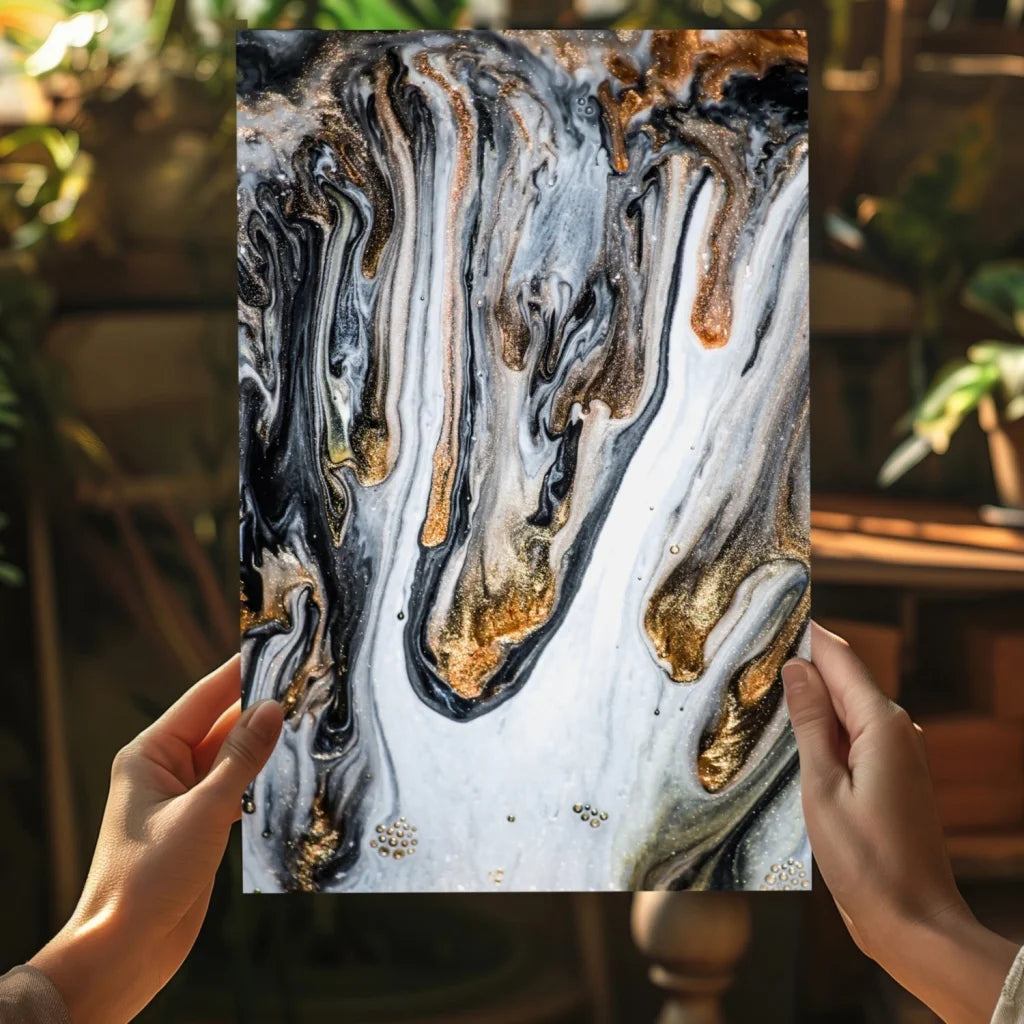 Stunning gold swirl insigne aluminum print with abstract black and white design