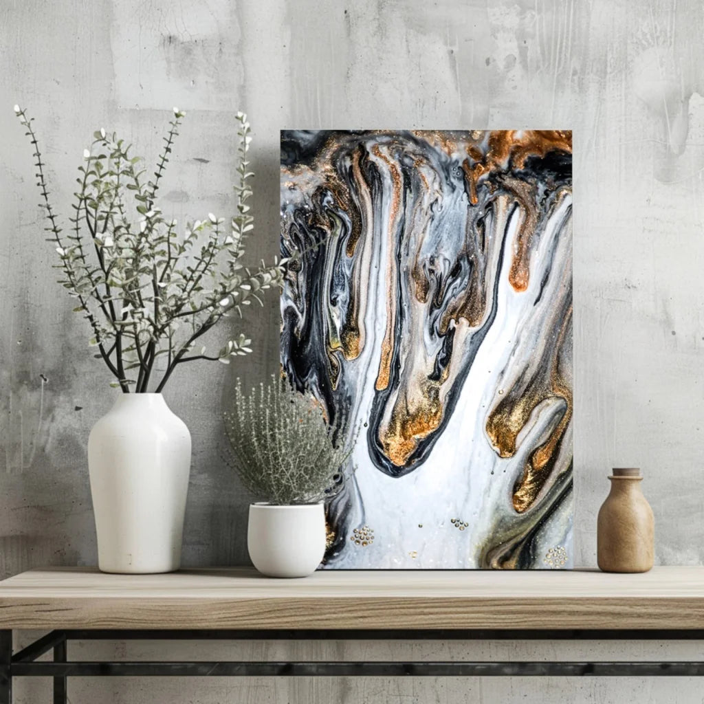 Abstract swirling black white gold on insigne aluminum prints