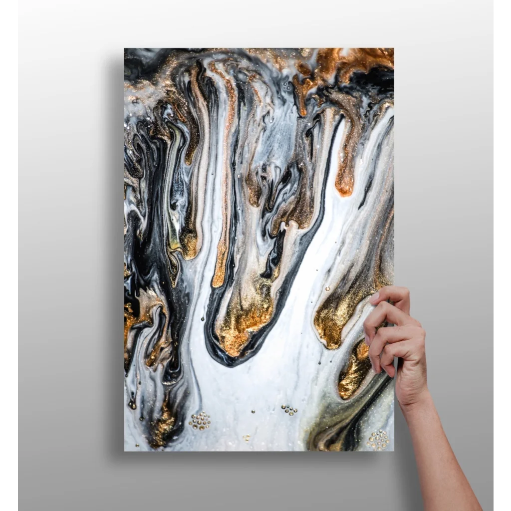 Stunning gold swirl insigne aluminum prints with black white metallic swirls and glitter accents