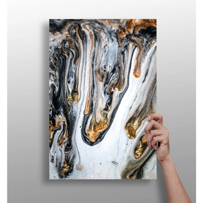 Stunning gold swirl insigne aluminum prints with black white metallic swirls and glitter accents