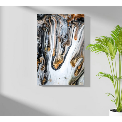 Abstract insigne aluminum print with black, white, gold drips on textured canvas