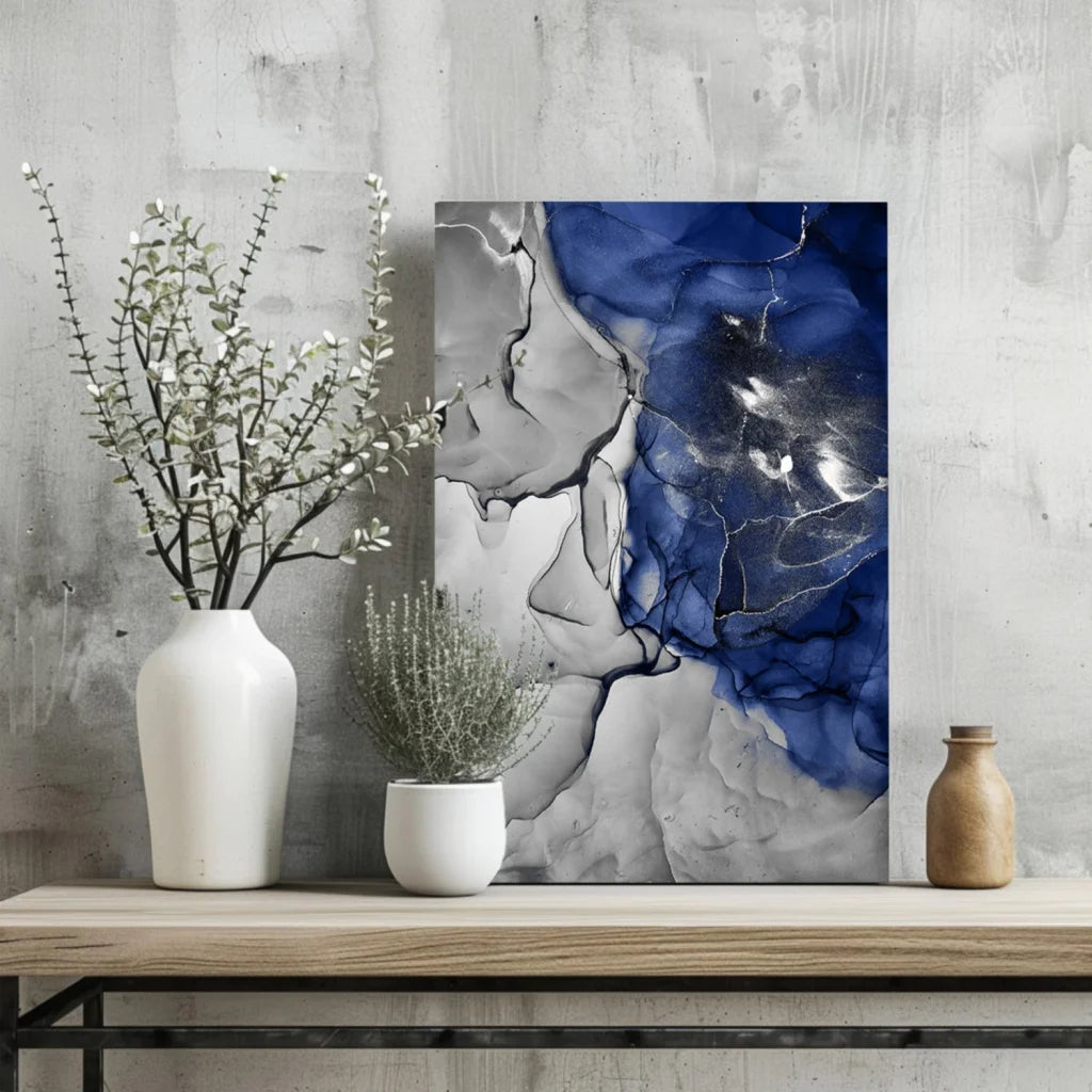 Modern abstract swirling blue silver white on insigne aluminum print