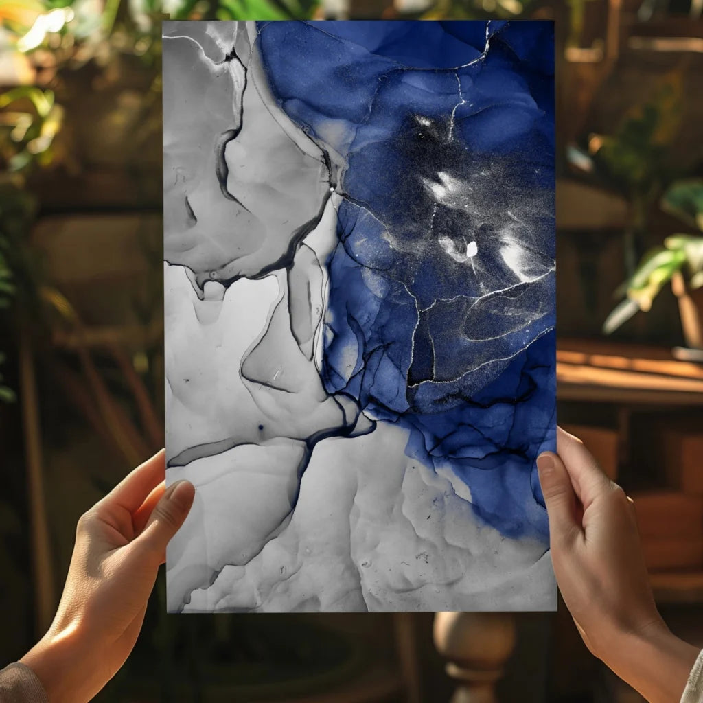 Stunning deep blue marbled insigne aluminum print with swirling ink patterns